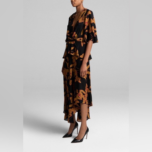 [SOLD] A.L.C Avi Dress Black Ochre Iris Print 100% Silk 1930's Revival Wrap - Picture 9 of 16